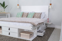 Modern bedroom white decoration: Storage Bed Bali White - Double bed frame with drawers and shelves, ideal for small bedrooms - Sturdy storage platform bed of MDF lacquered